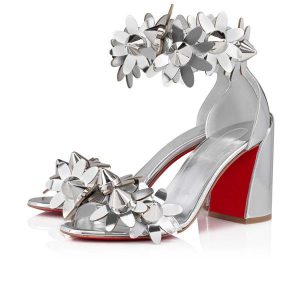 Christian Louboutin 85 mm Sandales en Cuir Verni Argenté/lin