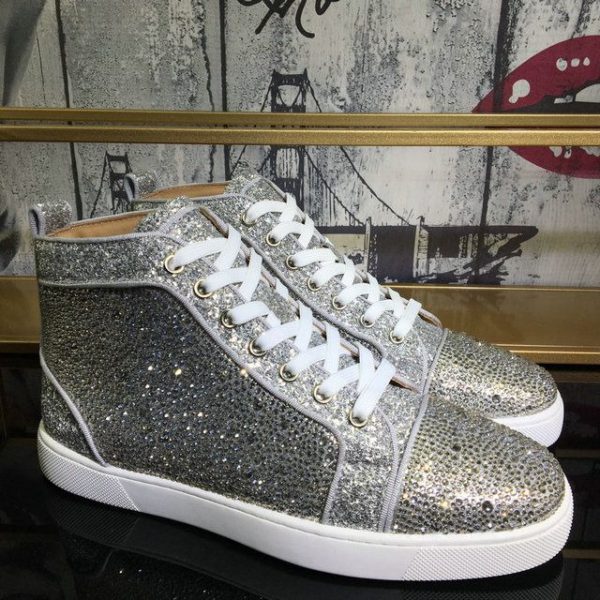 Christian Louboutin Baskets Hautes Femme Louis Strass Cuir suédé et cuir pailleté Argent – Image 4