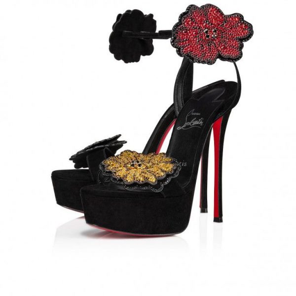 Christian Louboutin Button Flower Strass Loubi Queen Alta 150mm Sandales à Plateforme en Veau Velours et Strass Noir