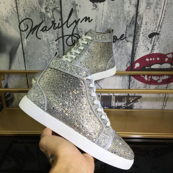 Christian Louboutin Baskets Hautes Femme Louis Strass Cuir suédé et cuir pailleté Argent – Image 5