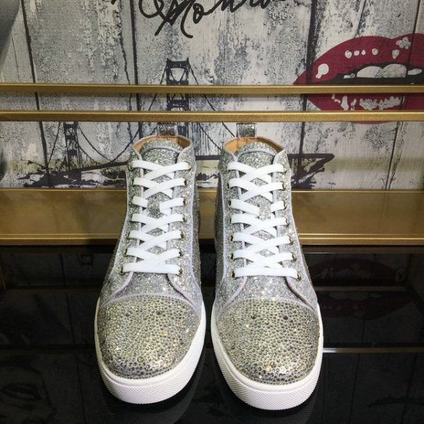 Christian Louboutin Baskets Hautes Femme Louis Strass Cuir suédé et cuir pailleté Argent – Image 2