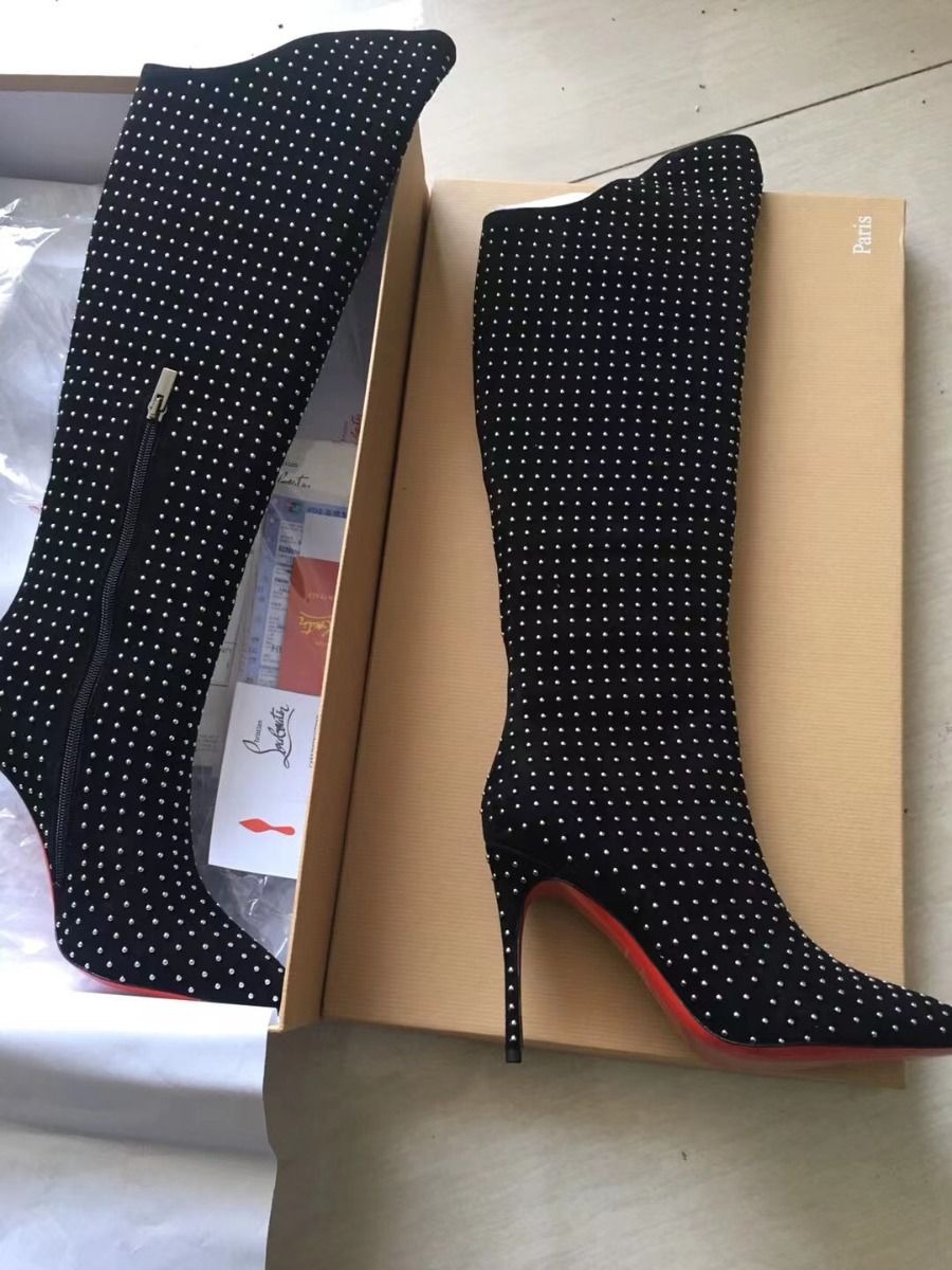 Christian Louboutin Alta Botta Plume Bottes 100mm en Daim Clouté Noir