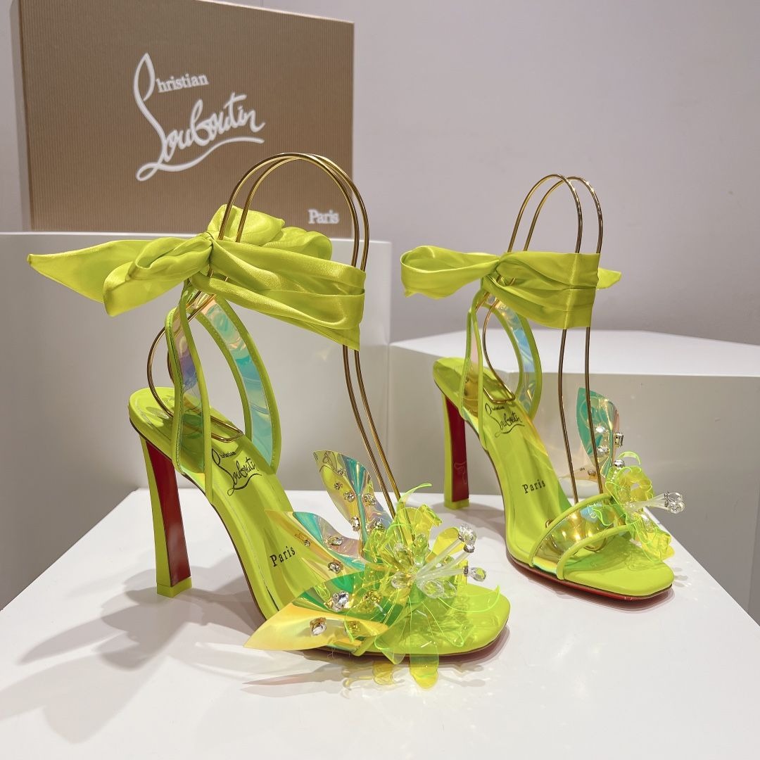 Christian Louboutin Alyah Sandales 85mm PVC Cuir Iridescent Jaune Néon