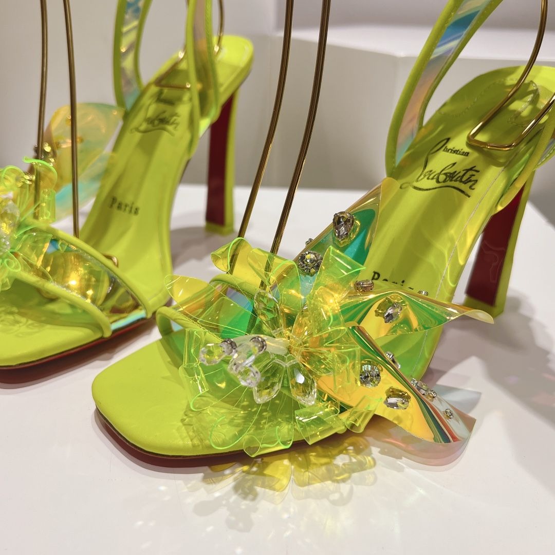 Christian Louboutin Alyah Sandales 85mm PVC Cuir Iridescent Jaune Néon – Image 2