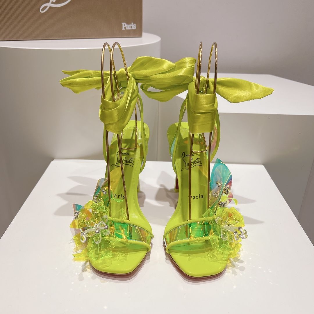 Christian Louboutin Alyah Sandales 85mm PVC Cuir Iridescent Jaune Néon – Image 4