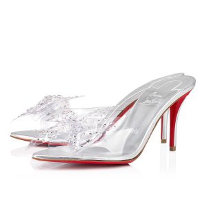 Christian Louboutin Aqua Strass 80 mm Mules PVC Cuir Nappa Irisé et Strass Argent