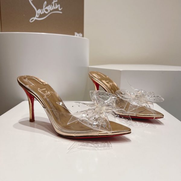 Christian Louboutin Aqua Strass 80 mm Mules PVC Cuir Nappa Irisé et Strass Or