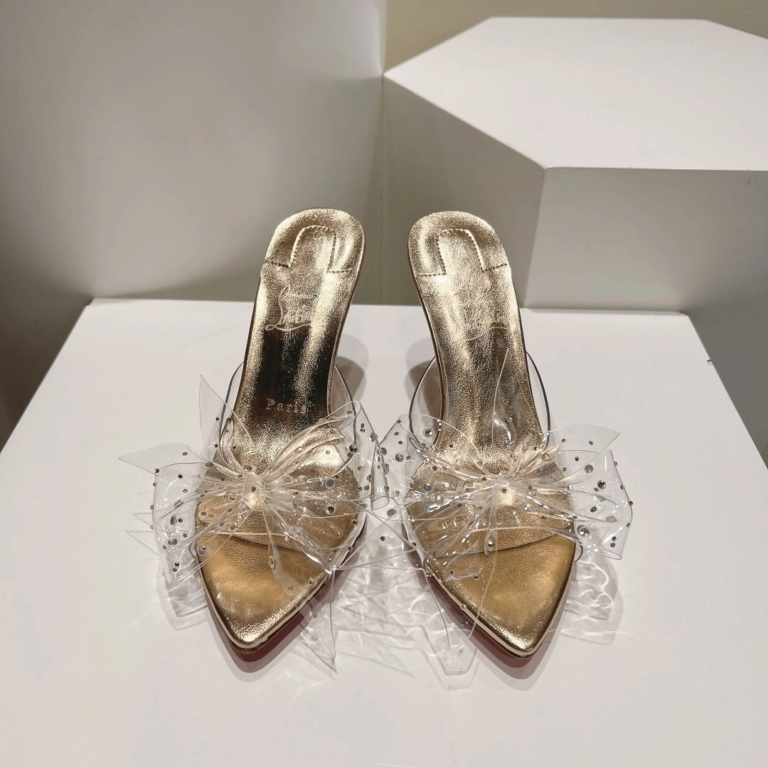 Christian Louboutin Aqua Strass 80 mm Mules PVC Cuir Nappa Irisé et Strass Or – Image 2