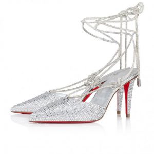 Christian Louboutin Astrid Lace Strassita 85 Mm Mules à Brides en Daim Métallisé et Strass Cristal