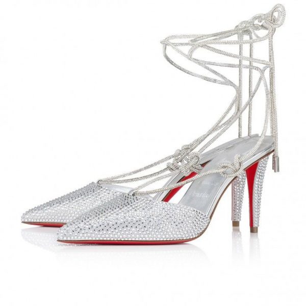Christian Louboutin Astrid Lace Strassita 85 Mm Mules à Brides en Daim Métallisé et Strass Cristal