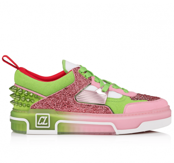 Christian Louboutin Astroloubi Strass Baskets Femme en Veau Velours et Strass Rose Vert – Image 2