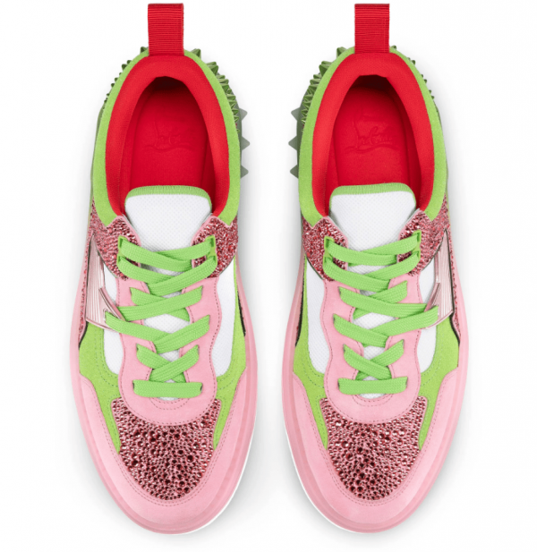 Christian Louboutin Astroloubi Strass Baskets Femme en Veau Velours et Strass Rose Vert – Image 3