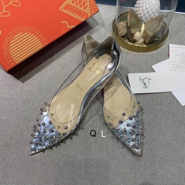 Christian Louboutin Collaclou Spike Clear Ballerines en PVC et Cuir Métallisé Argent