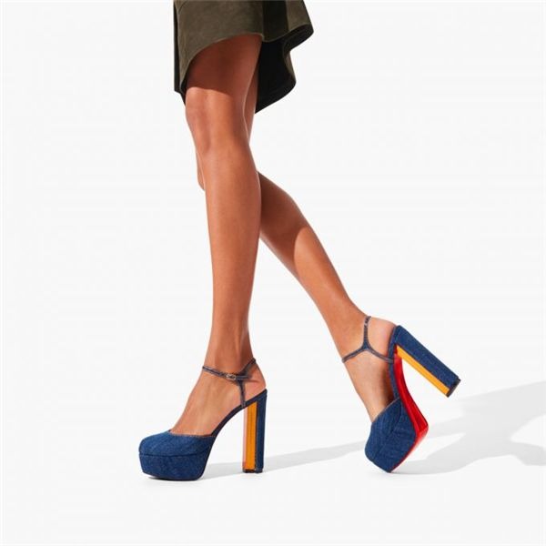 Christian Louboutin Coluna Tissu 130 mm Denim/lin Saba Or Chaussures – Image 5