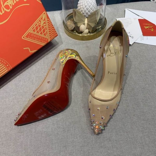 Christian Louboutin Degrastrass escarpins 100 mm ornés de cristaux et de clous en résille nude – Image 3