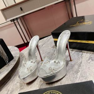 Christian Louboutin Degraqueen Alta Mules à Plateforme Embellies 130mm PVC Argenté
