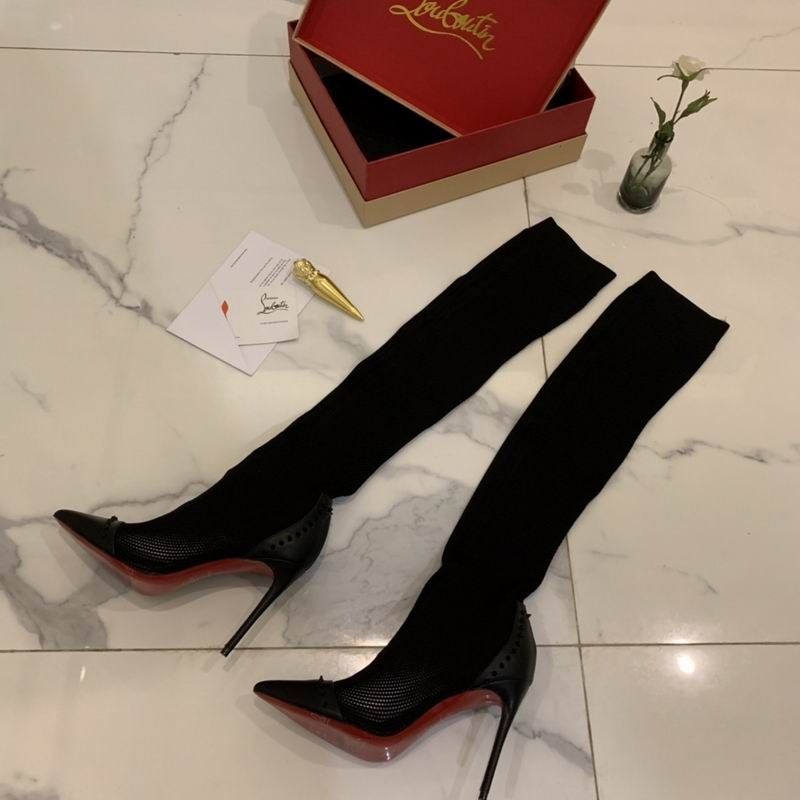 Christian Louboutin Dovi Dova Sock Booties 100mm Bottes Hautes en Tissu Tricoté et Cuir Noir