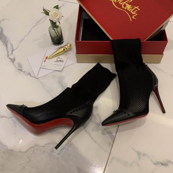 Christian Louboutin Dovi Dova Bottines Chaussettes 100mm Tissu Tricot et Cuir Noir – Image 4