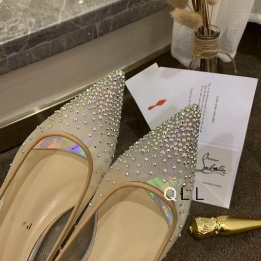 Christian Louboutin Follies Strass Ballerines en Maille et Cuir Verni Argent – Image 3