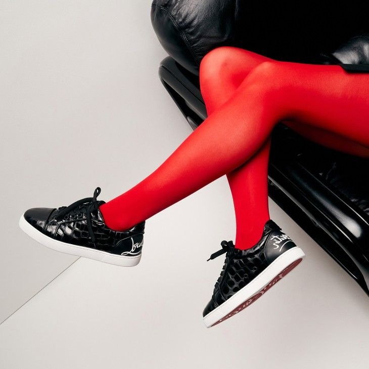 Christian Louboutin Fun Vieira Orlato Baskets en Cuir de Veau Gaufré Alligator Noir – Image 4