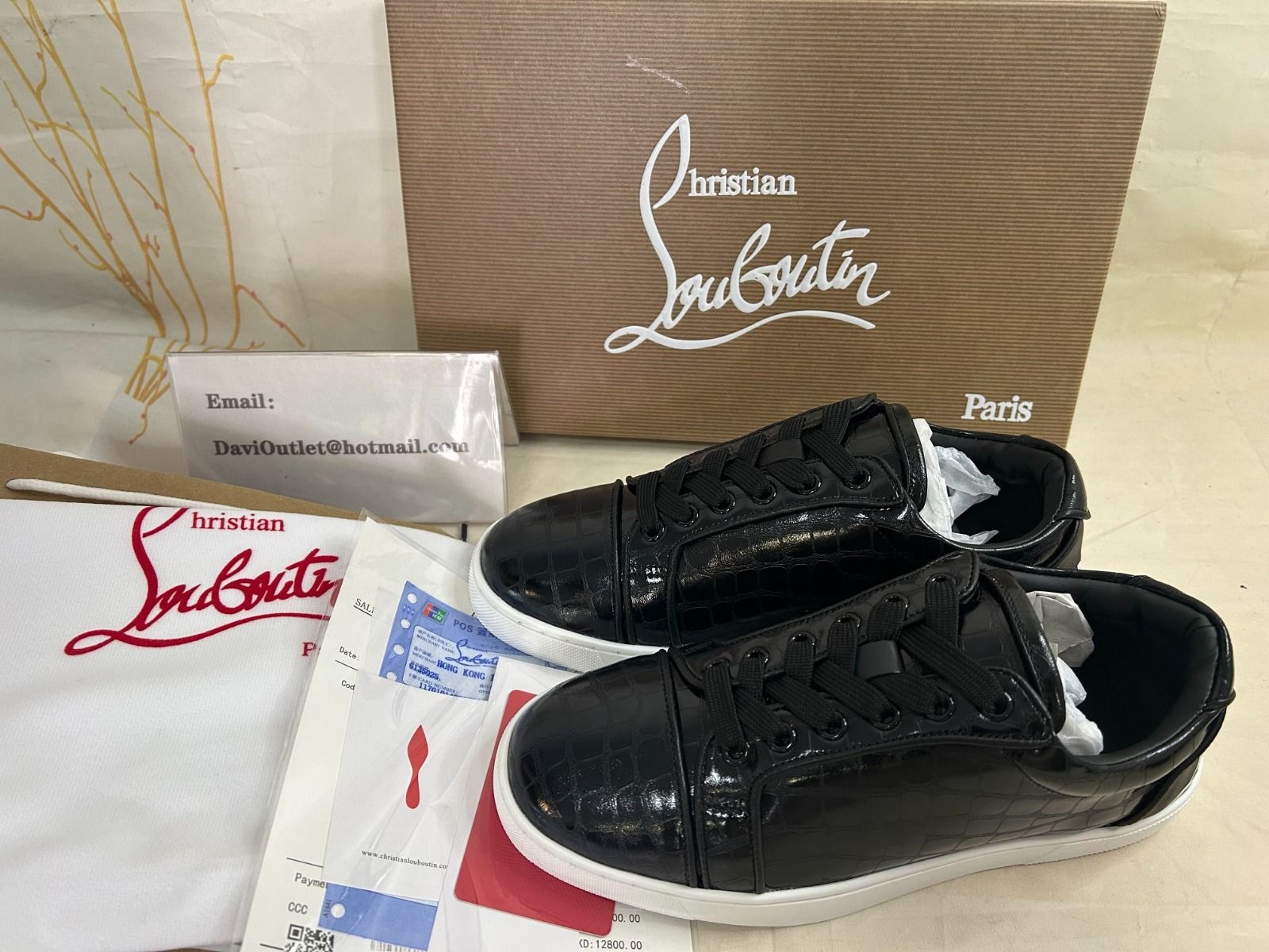 Christian Louboutin Fun Vieira Orlato Baskets en Cuir de Veau Gaufré Alligator Noir – Image 5