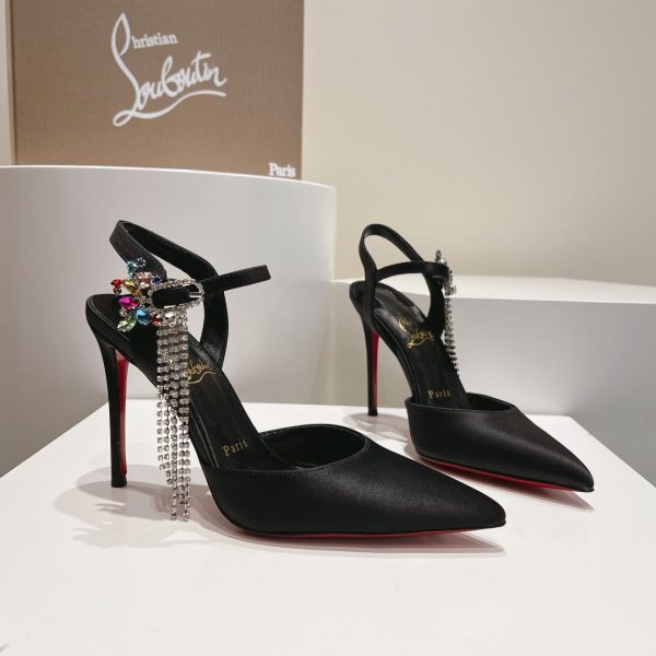 Christian Louboutin Goldina Rain 100mm Escarpins Boucle en Cristal Satin Noir