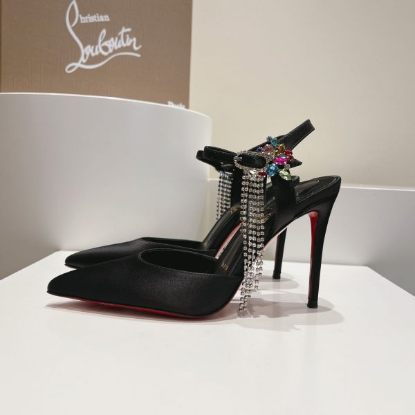 Christian Louboutin Goldina Rain 100mm Escarpins Boucle en Cristal Satin Noir – Image 2