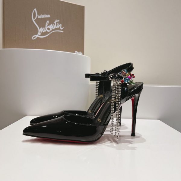 Christian Louboutin Goldina Rain 100mm Escarpins Ornés de Cristaux Cuir Verni Noir – Image 2