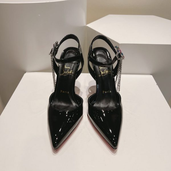 Christian Louboutin Goldina Rain 100mm Escarpins Ornés de Cristaux Cuir Verni Noir – Image 3
