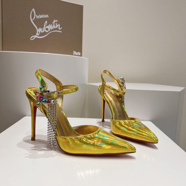 Christian Louboutin Goldina Rain 100mm Escarpins Ornés de Cristaux Cuir Verni Or