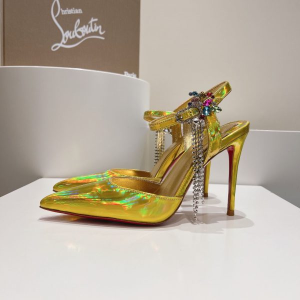 Christian Louboutin Goldina Rain 100mm Escarpins Ornés de Cristaux Cuir Verni Or – Image 2