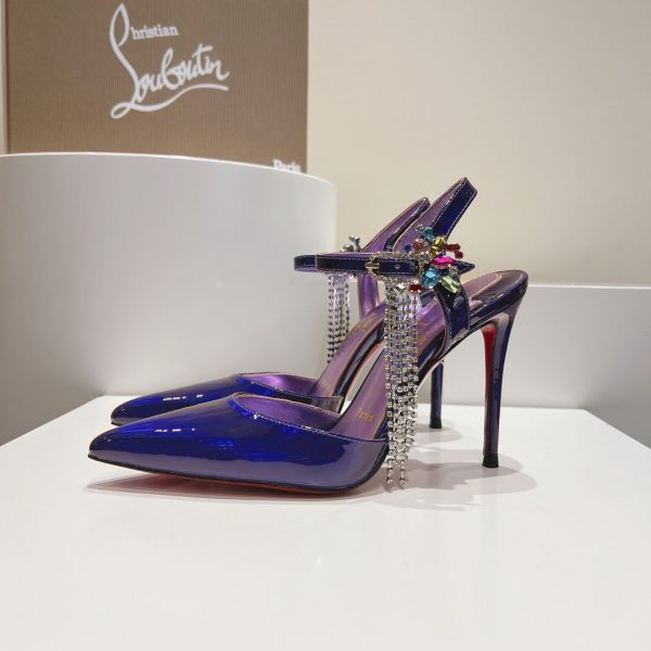 Christian Louboutin Goldina Rain 100mm Escarpins Ornés de Cristaux Cuir Verni Violet Bleu – Image 2
