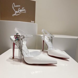 Christian Louboutin Goldina Rain 100mm Escarpins Boucle en Cristal Cuir Verni Blanc