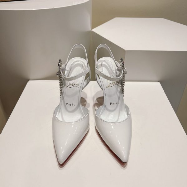 Christian Louboutin Goldina Rain 100mm Escarpins Boucle en Cristal Cuir Verni Blanc – Image 3