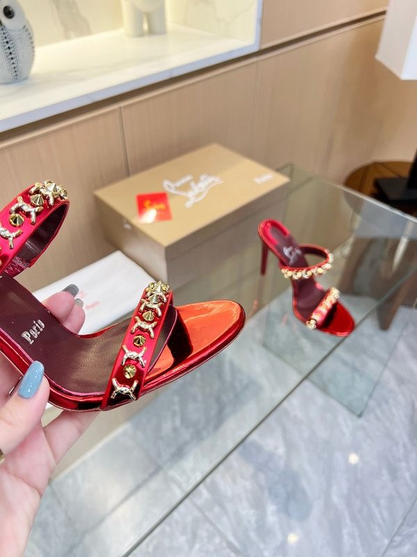 Christian Louboutin Just Chain Sandales 85mm Cuir Iridescent Rouge – Image 3