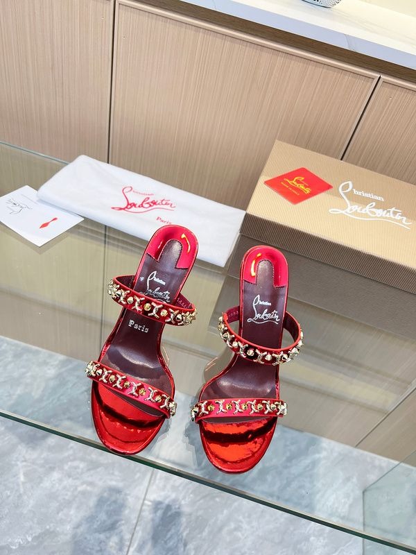 Christian Louboutin Just Chain Sandales 85mm Cuir Iridescent Rouge – Image 4