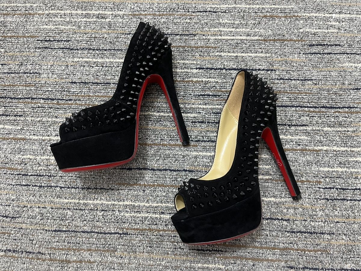 Christian Louboutin Lady Peep Spikes escarpins plateforme 150 mm daim noir – Image 4
