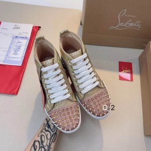 Christian Louboutin Lou Spikes Donna Baskets Plates Femme en Cuir Pailleté Rose Or