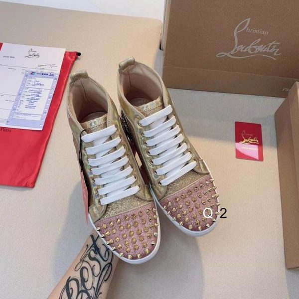 Christian Louboutin Lou Spikes Donna Baskets Plates Femme en Cuir Pailleté Rose Or