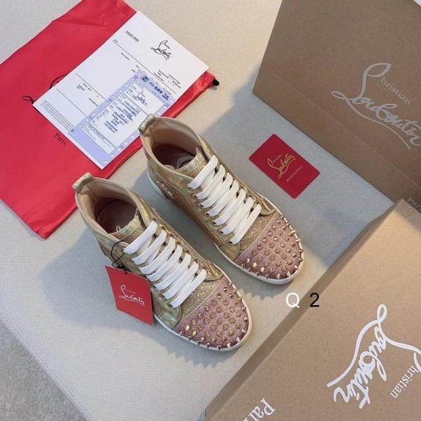 Christian Louboutin Lou Spikes Donna Baskets Plates Femme en Cuir Pailleté Rose Or – Image 2