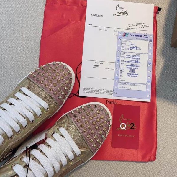 Christian Louboutin Lou Spikes Donna Baskets Plates Femme en Cuir Pailleté Rose Or – Image 3