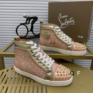 Christian Louboutin Lou Spikes Donna Baskets Plates Femme en Cuir Verni et à Paillettes Rose Or