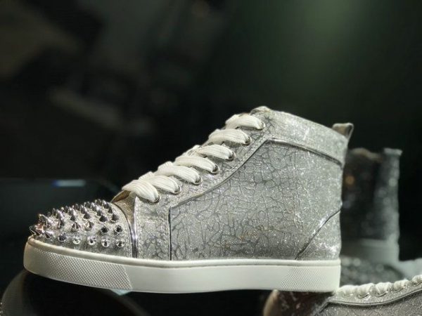 Christian Louboutin Baskets Hautes Louis Strass Cuir pailleté Argent – Image 4