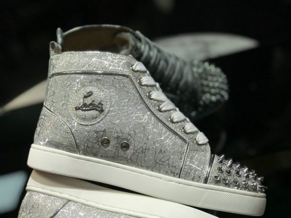 Christian Louboutin Baskets Hautes Louis Strass Cuir pailleté Argent – Image 5