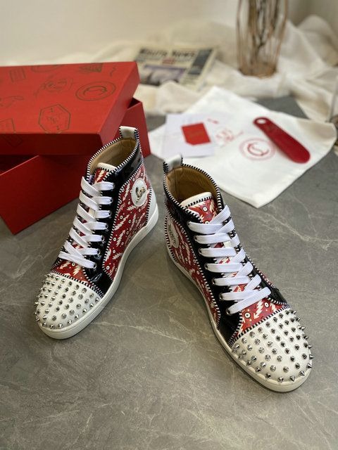 Christian Louboutin Lou Spikes Orlato Baskets Hautes Femme en Cuir Multicolore – Image 2