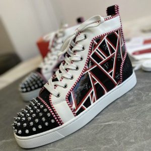 Christian Louboutin Lou Spikes Orlato Femme Baskets Plates en Cuir Verni Multicolore