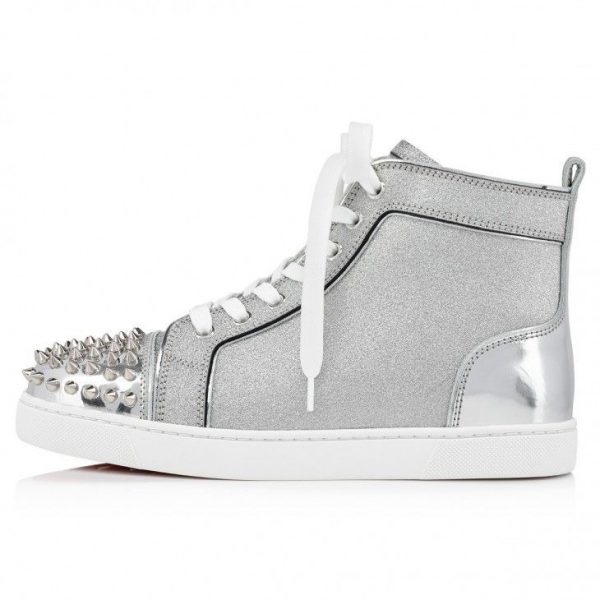 Christian Louboutin Lou Spikes Baskets Hautes Femme en Cuir Specchio et Cuir Pailleté Argent – Image 2