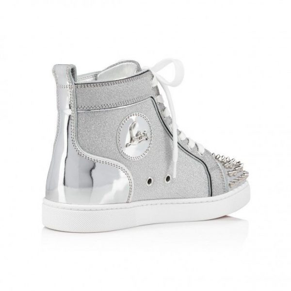 Christian Louboutin Lou Spikes Baskets Hautes Femme en Cuir Specchio et Cuir Pailleté Argent – Image 4