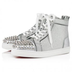Christian Louboutin Lou Spikes Baskets Hautes Femme en Cuir Specchio et Cuir Pailleté Argent