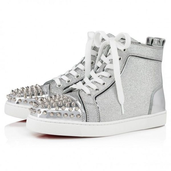 Christian Louboutin Lou Spikes Baskets Hautes Femme en Cuir Specchio et Cuir Pailleté Argent